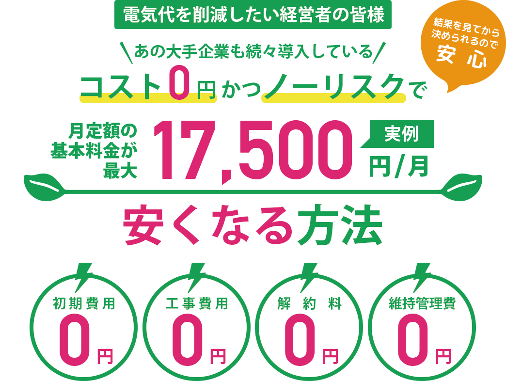 電気代を削減したい経営者の皆様　あの大手企業も続々導入している　コスト0円かつノーリスクで月定額の基本料金が最大17,500円安くなる方法